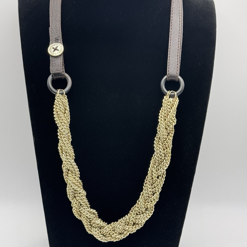 Fossil Fringe Chain Bib Necklace Gold Tone Leather Look‎ Strap Statement